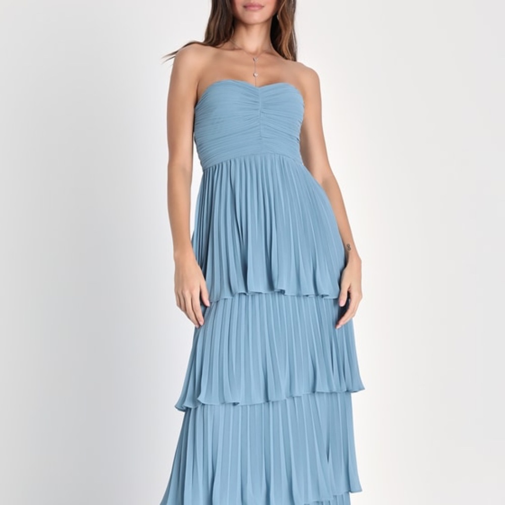 Lulus Seriously Sensational Light Blue Strapless Tiered Maxi Dress - Size M